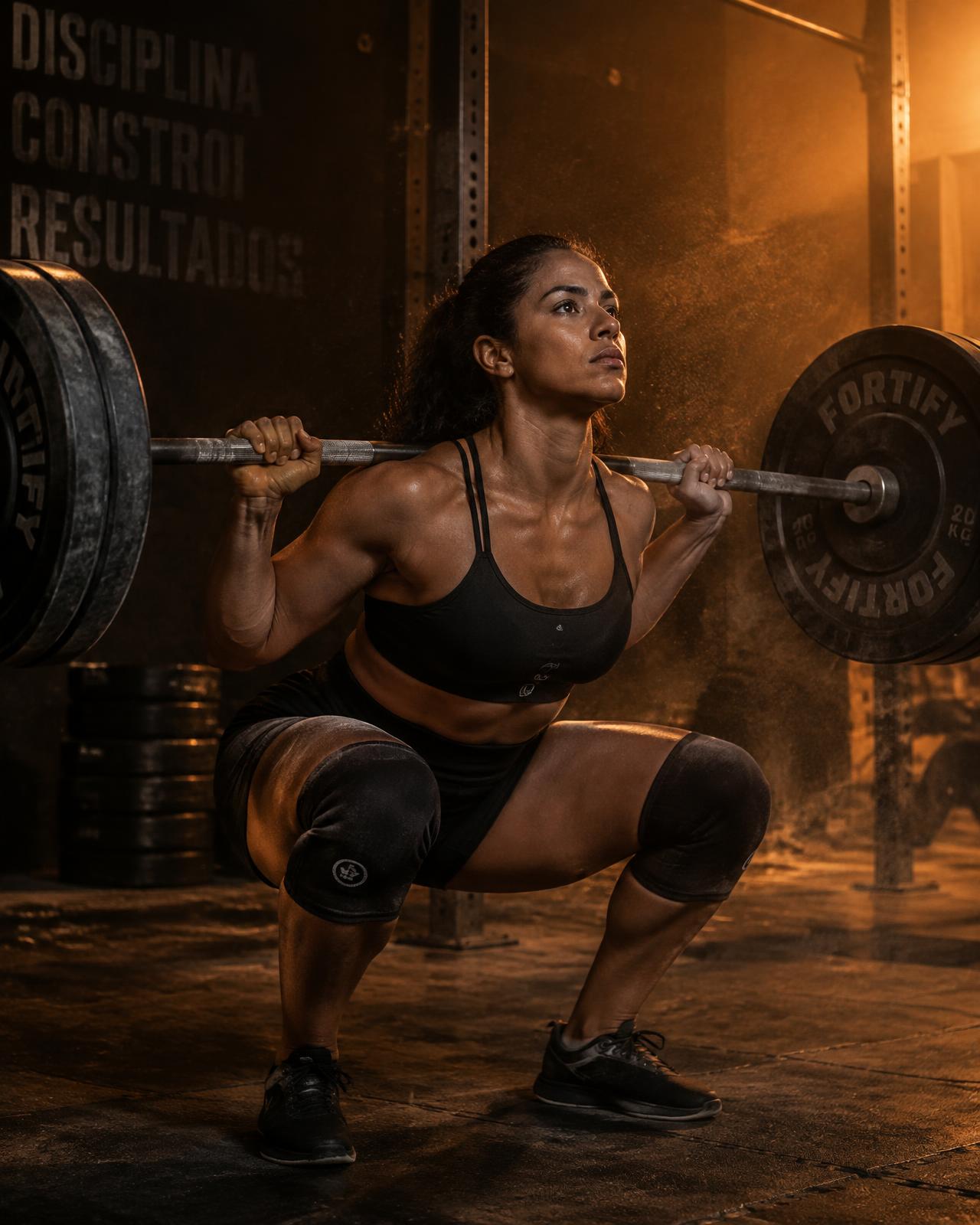 Mulher treinando agachamento com barra em academia
